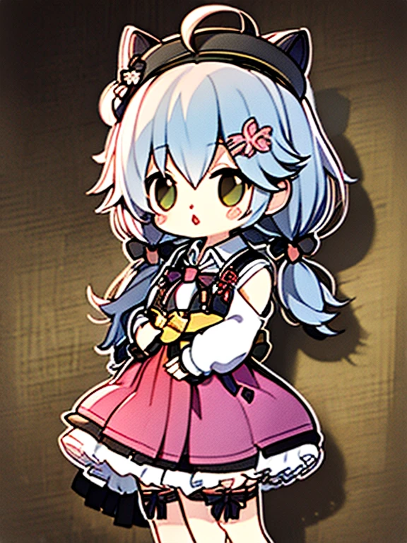 Stickers、Highest quality、High resolution、masterpiece、8K、Little、Stupid、1 Beautiful Girl、cute、masterpiece, Highest quality, High resolution, Miko 2, sakura miko, One girl, alone, Green Eyes, Long Hair, Ahoge, Black Hat, hair ornaments, White shirt, Black knee socks, Pink Hair, Red Skirt, Checked skirt, Garter Straps, Collared shirt, Hair Clip, Frills, bangs, Hair between the eyes, Animal hats, Frillsスカート, beret, Pleated skirt, Hair Flower, Low twin tails, Neck bell, Cat hat, Medium chest, Fluffy long sleeves, Black Bow, Underbust, surprised, Open your mouth, Cowboy Shot,