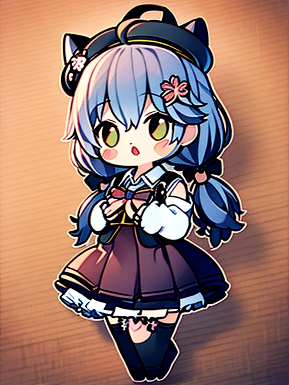 Stickers、Highest quality、High resolution、masterpiece、8K、Little、Stupid、1 Beautiful Girl、cute、masterpiece, Highest quality, High resolution, Miko 2, sakura miko, One girl, alone, Green Eyes, Long Hair, Ahoge, Black Hat, hair ornaments, White shirt, Black knee socks, Pink Hair, Red Skirt, Checked skirt, Garter Straps, Collared shirt, Hair Clip, Frills, bangs, Hair between the eyes, Animal hats, Frillsスカート, beret, Pleated skirt, Hair Flower, Low twin tails, Neck bell, Cat hat, Medium chest, Fluffy long sleeves, Black Bow, Underbust, surprised, Open your mouth, Cowboy Shot,