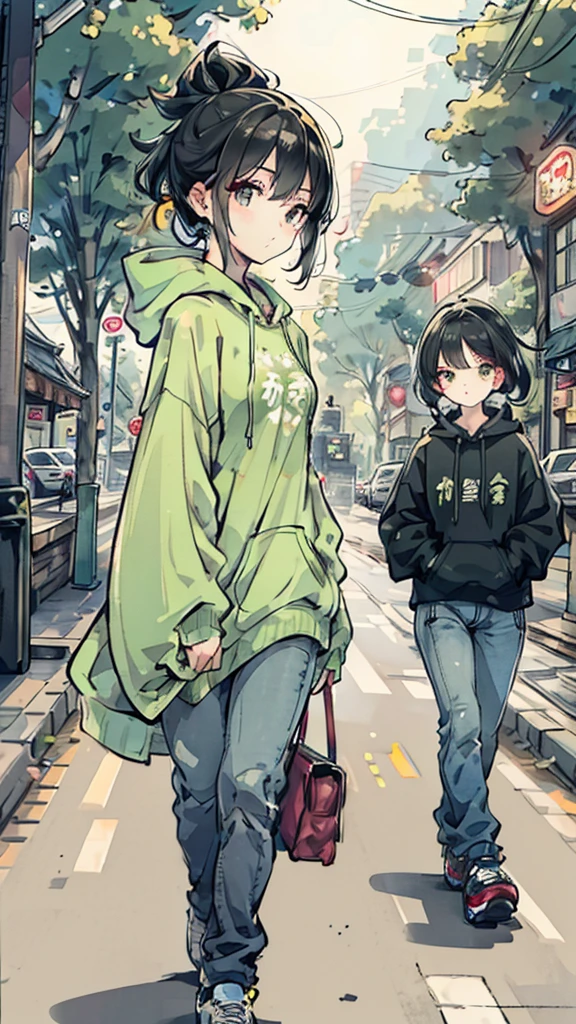 A young woman wore a light green hoodie with Chinese characters in the center. Walking on the city streets, the surrounding area has shop buildings and parked motorcycles. There was another woman in the background wearing a black hoodie and jeans. In the background, there are still large trees and people walking by. The weather seemed to be cool because everyone was wearing sweaters.