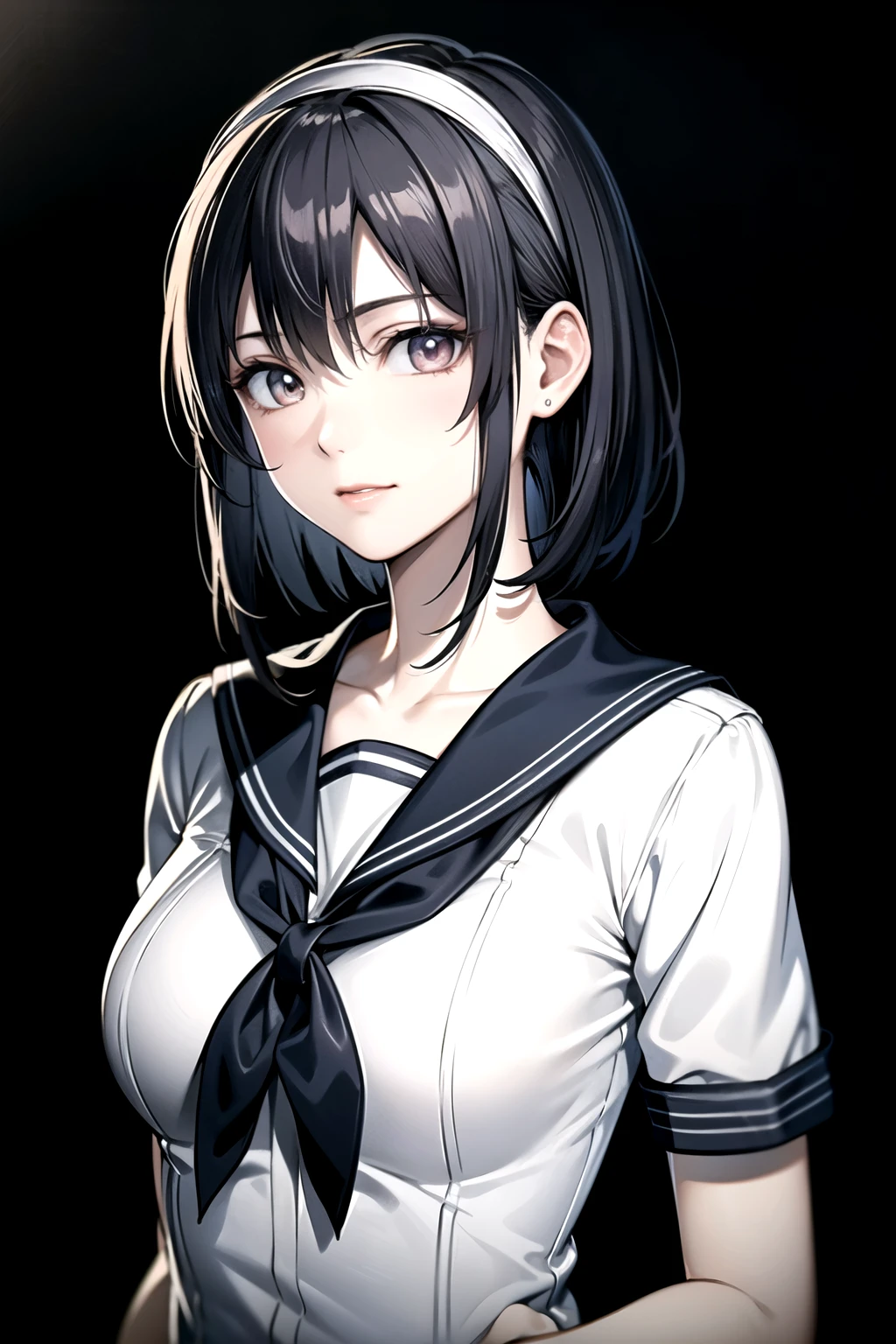 ((Masterpiece)),((High quality)),((High resolution)),((Extremely accurate and detailed representation of the human body)), An 18-year-old girl. Japanese. Wears a sailor uniform with a cardigan casually draped over it. Short hair. Hairband. Has a mysterious and enigmatic aura with elements of horror.