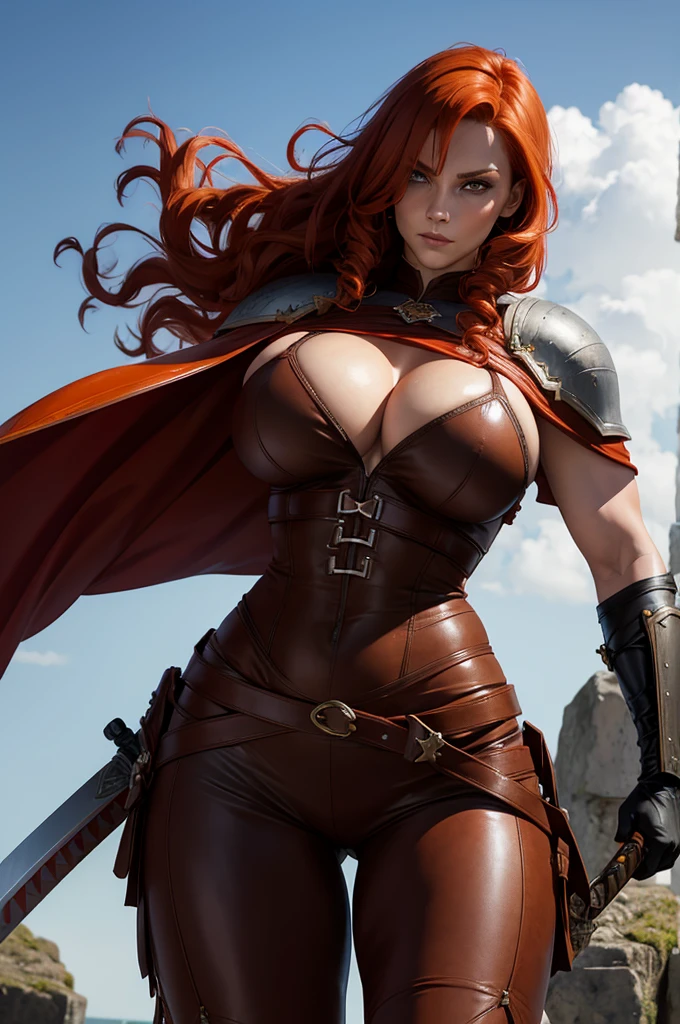 Beautiful redhead nordic warrior orange curly hair muscular body perfect breasts leather pant armor leather cape with fluff edge holding large sword detailed face would cheekbones blushing rendered image posing heroically 