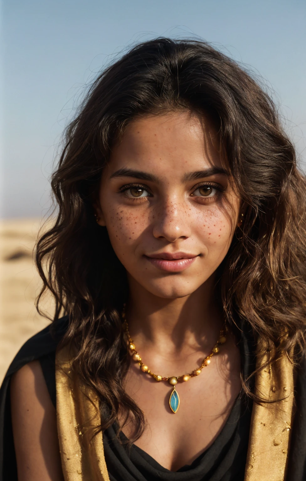 (Close-up, editorial photograph of a 18 year old woman), (highly detailed face:1.4) (smile:0.7) (background inside dark, moody, private study:1.3) POV, by lee jeffries, nikon d850, film stock photograph ,4 kodak portra 400 ,camera f1.6 lens ,rich colors, hyper realistic ,lifelike texture, dramatic lighting , cinestill 800, wavy hair, messy hair, Mischievous smirk, Black hair, freckles, Brown Eyes, jewels, necklace, Arabic Black Cloak, Astral Plane, Black Round Sunglasses, Sun, Sand, Desert, Arabian expressions, Egyptian woman, Arabian skin, Golden Aura, shadow queen