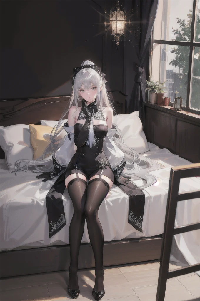 (((1 girl)),ray tracing,(dim lighting),[detailed background (bedroom)),((silver hair)),((silver hair)),(Fluffy silver hair, plump slender girl)) with high ponytail)))) Avoid blonde eyes in the ominous bedroom ((((Girl wears intricately embroidered black high-waisted pants with pantyhose) and white ruffled bow gloves), showing a delicate slim figure and graceful curves, correct limbs, sitting on the bed