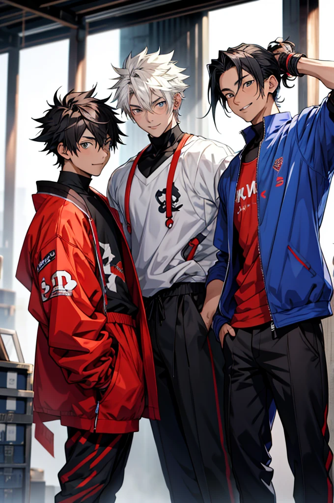 Masterpiece, best work, anime style, 3boys, in their 19-20 years old, smiling at the camera, stylish clothing, each different hairstyles and colors, hot, good eyes