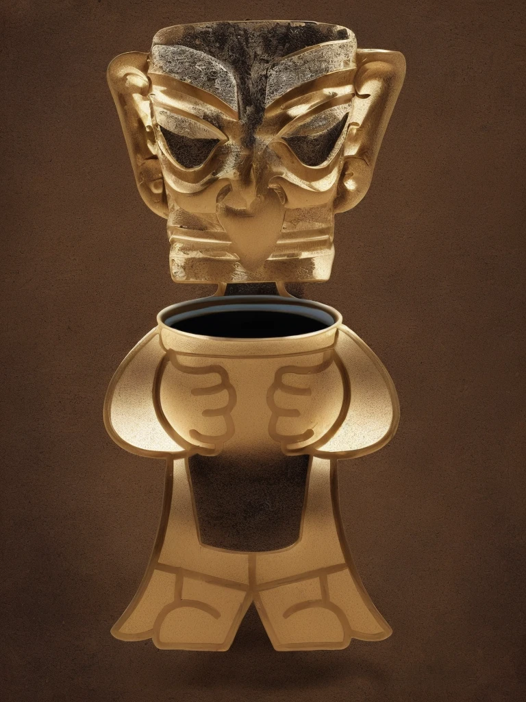 Close up of bronze cartoon character holding a cup of coffee, Pick up, Sanxingdui人物特色, Sanxingdui, 拿着Coffee cup的青铜人物, mascot, Coffee cup, masterpiece，Rich details，High-definition quality
