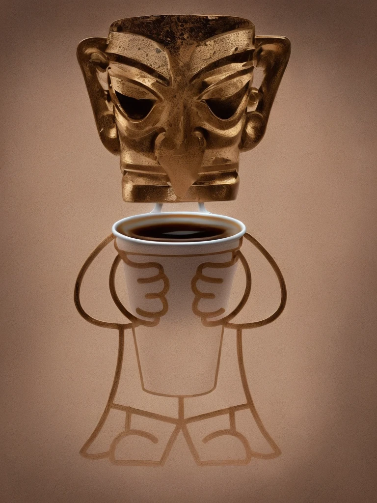 Close up of bronze cartoon character holding a cup of coffee, Pick up, Sanxingdui人物特色, Sanxingdui, 拿着Coffee cup的青铜人物, mascot, Coffee cup, masterpiece,Rich details,High-definition quality