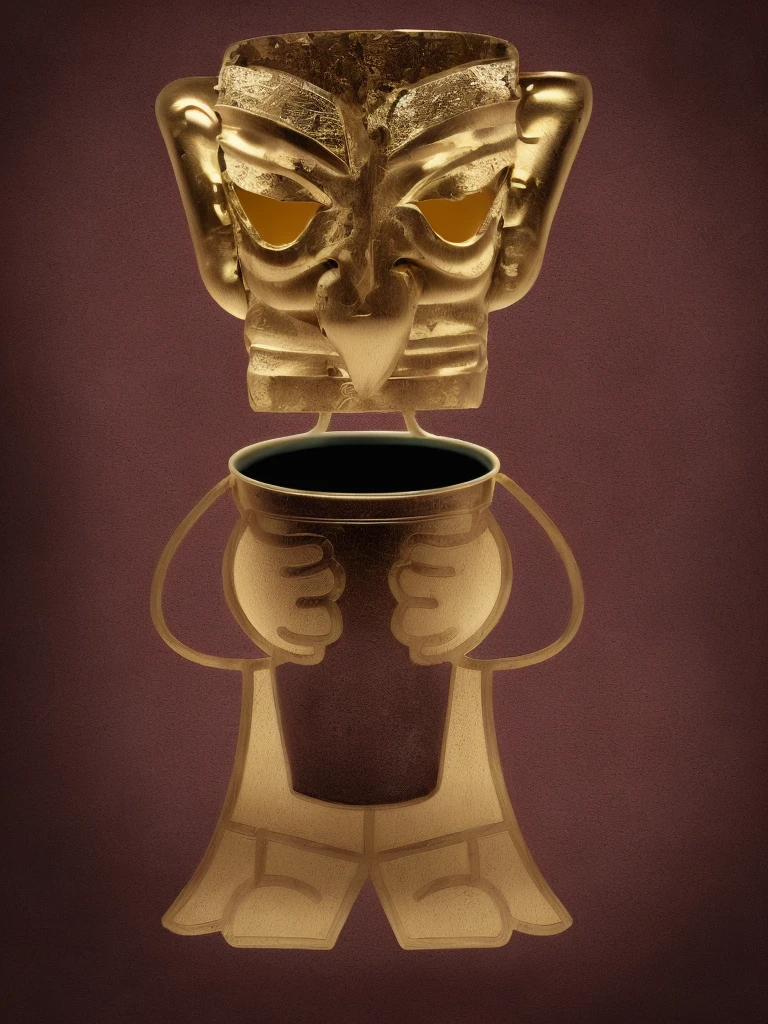 Close up of bronze cartoon character holding a cup of coffee, Pick up, Sanxingdui人物特色, Sanxingdui, 拿着Coffee cup的青铜人物, mascot, Coffee cup, masterpiece,Rich details,High-definition quality