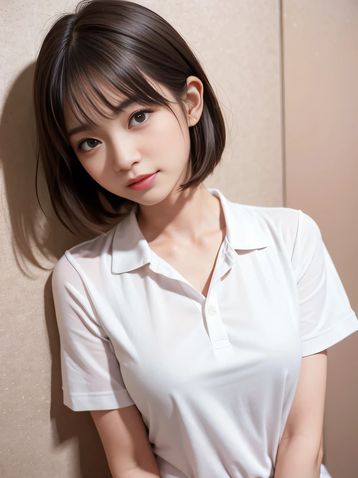 Highest quality、Figures、sexly、slender、Navy open front polo shirt、sexly非常に詳細、Fine details、Slim Body、slender、Japanese Girls、High resolution、8K、wallpaper、Perfect dynamic composition、Beautiful fine details、Short Bob Hair、Pink hair color、Big natural color lip、なsexlyポーズ、smile、Cold Stare、 year old girl、Cute、ta、Good eyesight、whole body、Pink Wall