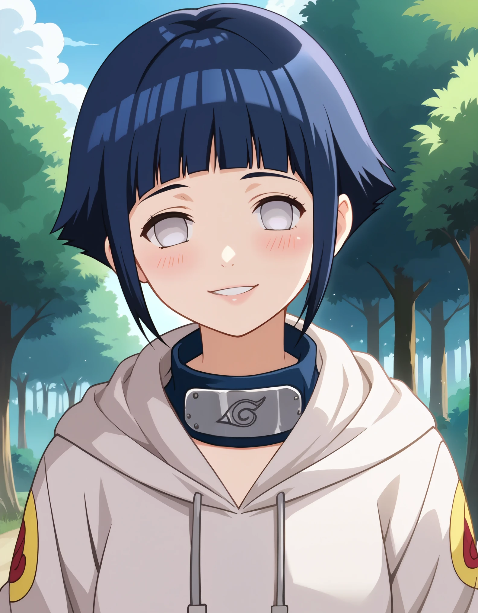 score_9, score_8_up,source_anime,
 short hair, dark blue hair, no pupils, 1girl, blunt bangs, shiny hair, grey eyes, hoodie, solo, hood down,, looking at viewer, blush,  smile,konohagakure symbol, forehead protector,portrait, close up, 
outdoors, forest,
anime screencap, anime coloring,