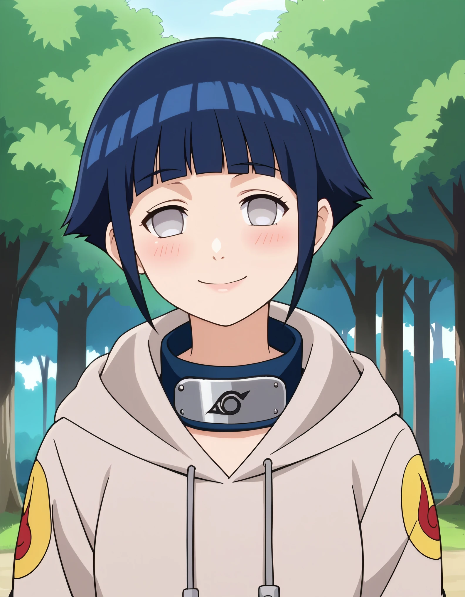 score_9, score_8_up,source_anime,
 short hair, dark blue hair, no pupils, 1girl, blunt bangs, shiny hair, grey eyes, hoodie, solo, hood down,, looking at viewer, blush,  smile,konohagakure symbol, forehead protector,portrait, close up, 
outdoors, forest,
anime screencap, anime coloring,