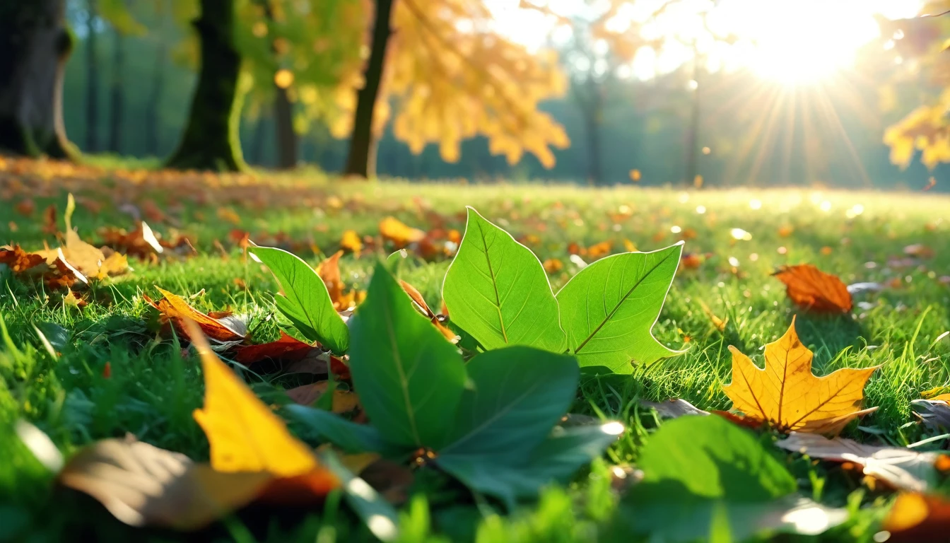 there is a green leaves that is sitting on the grass, magical leafs falling, nature documentry footage, youtube video screenshot, today's featured photography 4k, autumn  turkel, nature photography 4k, november, cinematic widescreen shot, leaves and magic, high quality screenshot, 2 0 2 1 cinematic 4 k framegrab, wide screenshot