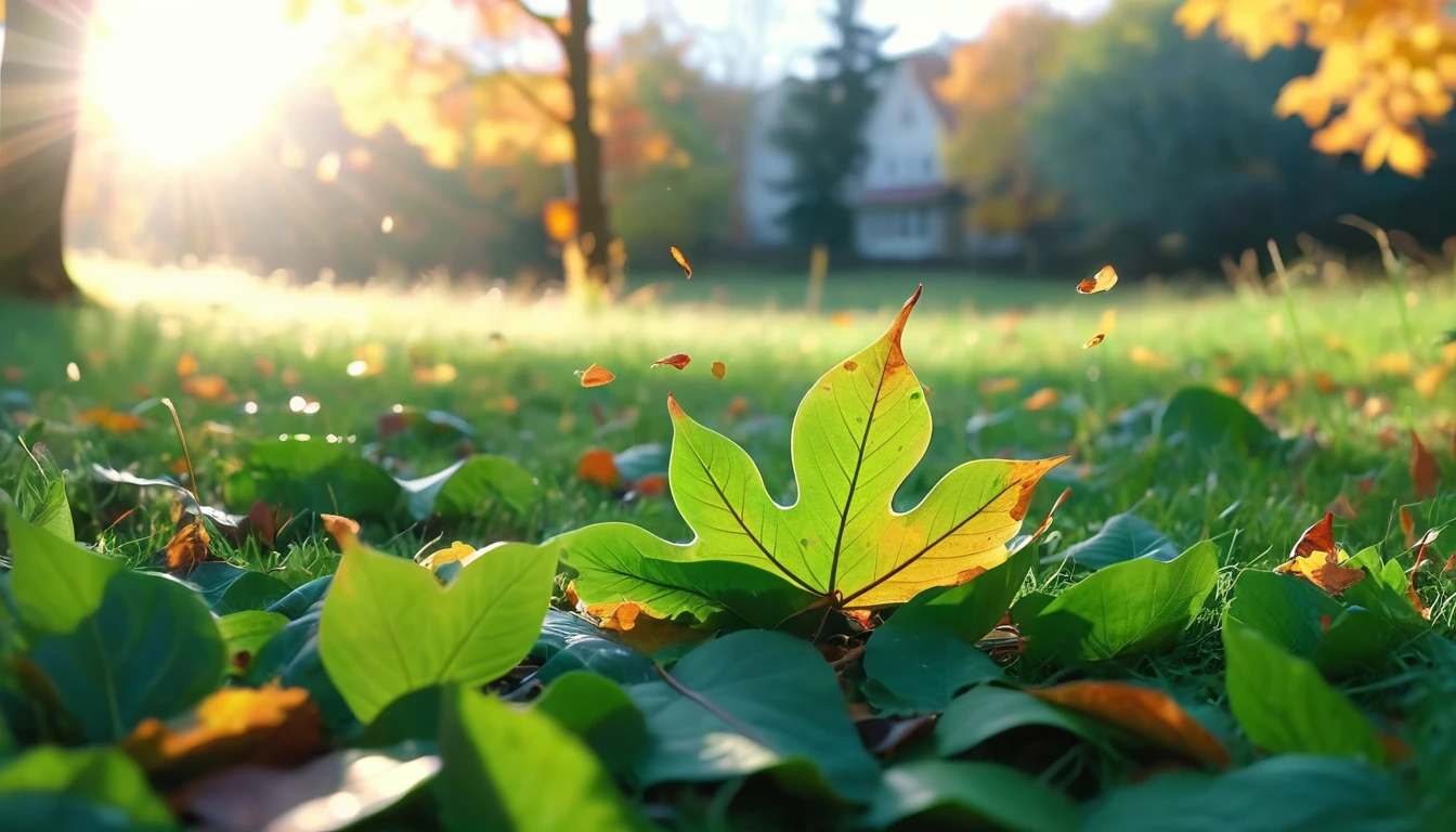 there is a green leaves that is sitting on the grass, magical leafs falling, nature documentry footage, youtube video screenshot, today's featured photography 4k, autumn turkel, nature photography 4k, november, cinematic widescreen shot, leaves and magic, high quality screenshot, 2 0 2 1 cinematic 4 k framegrab, wide screenshot