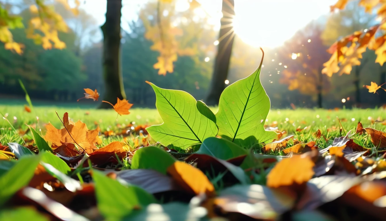 there is a green leaves that is sitting on the grass, magical leafs falling, nature documentry footage, youtube video screenshot, today's featured photography 4k, autumn turkel, nature photography 4k, november, cinematic widescreen shot, leaves and magic, high quality screenshot, 2 0 2 1 cinematic 4 k framegrab, wide screenshot