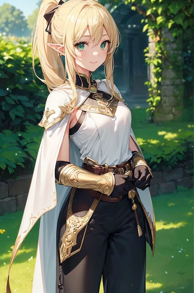 (((masterpiece; best quality: 1.2))), (finely detailed eyes: 1.3), (25 year old elf woman), (solo), (green eyes: 1.4), (body; buxom, fit, femenine: 1.3), (silky blonde hair in low ponytail: 1.3), (beautiful and clear background: 1.2), ((depth of field)), (equipment: adventurer attire + modest + light armor + long black tunic + white cape + black pants + gloves + belt + pouches: 1.3), (anime illustration: 1.2), (background composition; royal garden: 1.1), (extremely fine and beautiful: 1.1), (shot composition; standing + centered on torso + close-up: 1.5), (expression; calm, smile: 1.2)
