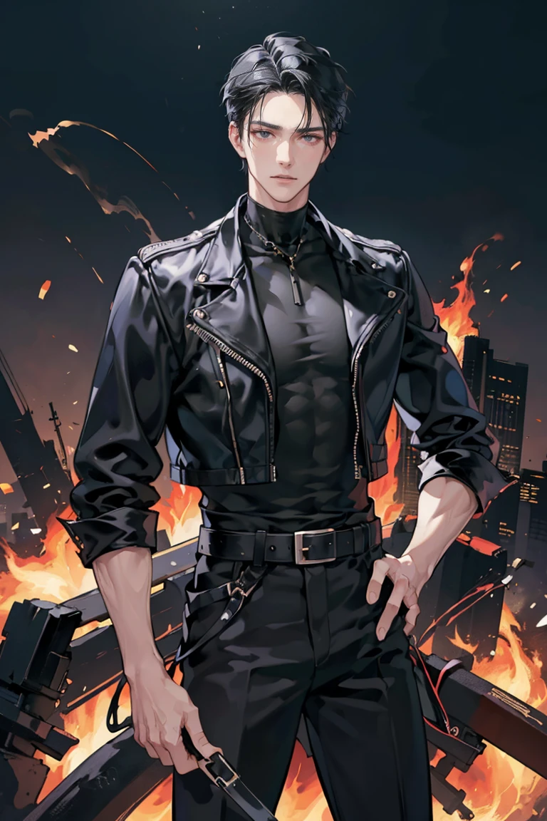 anime - (masterpiece), best quality, seductive eyes, mature face, black eyes, short slicked back black haircut, plain black t shirt, black leather jacket, black pants, tall man, long legs, masculine, broad shoulders, adult-like, full body, hands on hips, bad boy, the background is a burning and exploding city