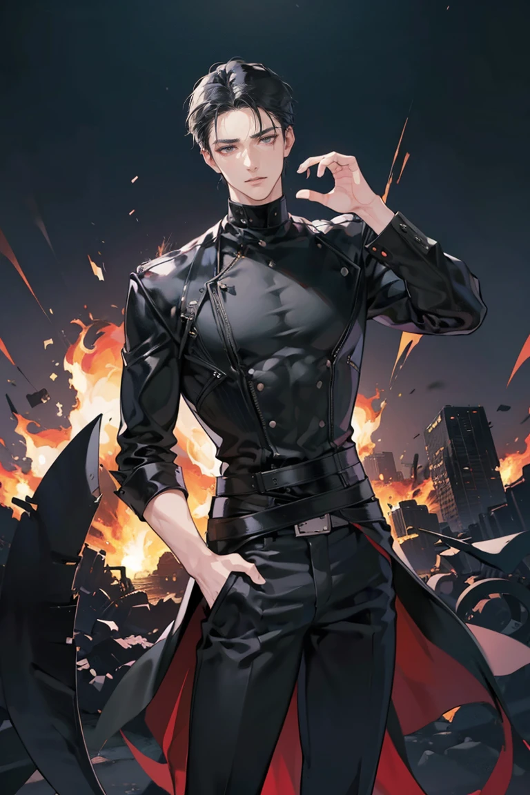 anime - (masterpiece), best quality, seductive eyes, mature face, black eyes, short slicked back black haircut, plain black t shirt, black leather jacket, black pants, tall man, long legs, masculine, broad shoulders, adult-like, full body, hands on hips, bad boy, the background is a burning and exploding city