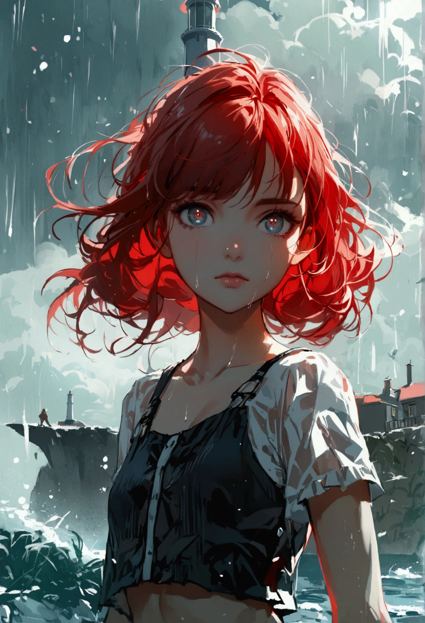 (masterpiece:1.2, Highest quality), (Beautiful, detailed eyes: 1.2), (Beautifully detailed face), High Contrast, (Best lighting, Very delicate and beautiful), ((Cinematic Light)), Highest quality, masterpiece, Particles of light, Close-up of a young woman standing in front of a lighthouse before a storm, Grey Eyes, Dark red hair in low pigtails, Swept-apart bangs, eyelash, stoic, A grey sleeveless collared shirt with white vertical stripes, Upper Body, Small breasts, Toned arms, weed, coastal, Drizzle, Dark Clouds, Dark atmosphere, Slate color, Particles of light, Highest quality, masterpiece