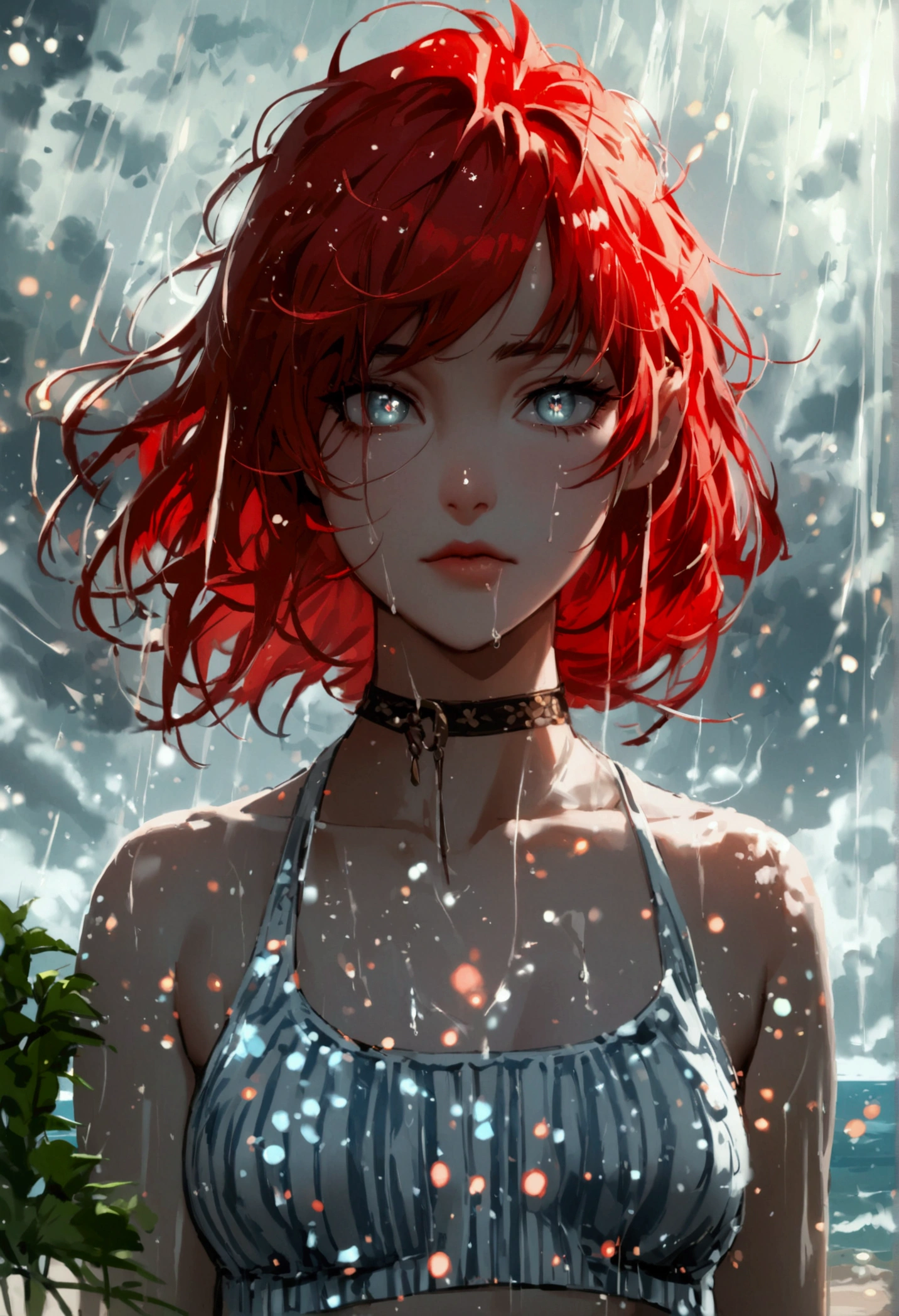 (masterpiece:1.2, Highest quality), (Beautiful, detailed eyes: 1.2), (Beautifully detailed face), High Contrast, (Best lighting, Very delicate and beautiful), ((Cinematic Light)), Highest quality, masterpiece, Particles of light, Close-up of a young woman standing in front of a lighthouse before a storm, Grey Eyes, Dark red hair in low pigtails, Swept-apart bangs, eyelash, stoic, A grey sleeveless collared shirt with white vertical stripes, Upper Body, Small , Toned arms, weed, coastal, Drizzle, Dark Clouds, Dark atmosphere, Slate color, Particles of light, Highest quality, masterpiece