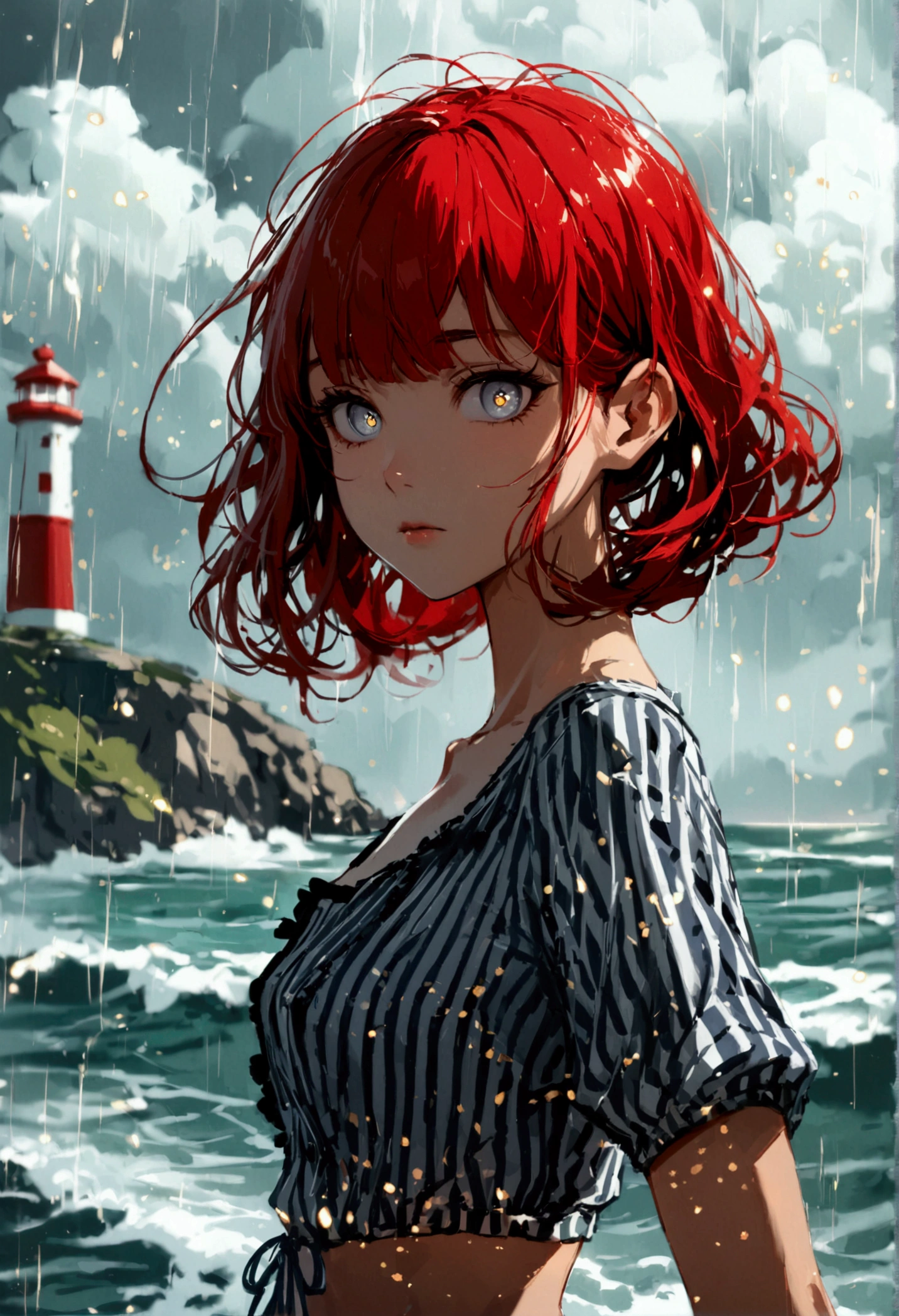 (masterpiece:1.2, Highest quality), (Beautiful, detailed eyes: 1.2), (Beautifully detailed face), High Contrast, (Best lighting, Very delicate and beautiful), ((Cinematic Light)), Highest quality, masterpiece, Particles of light, Close-up of a young woman standing in front of a lighthouse before a storm, Grey Eyes, Dark red hair in low pigtails, Swept-apart bangs, eyelash, stoic, A grey sleeveless collared shirt with white vertical stripes, Upper Body, Small breasts, Toned arms, weed, coastal, Drizzle, Dark Clouds, Dark atmosphere, Slate color, Particles of light, Highest quality, masterpiece