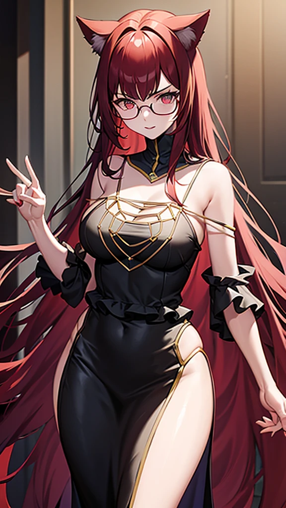 A 20 year old female villain with long dark red hair, red cat eyes, chest with red cat ears, round glasses, black dress, standing.