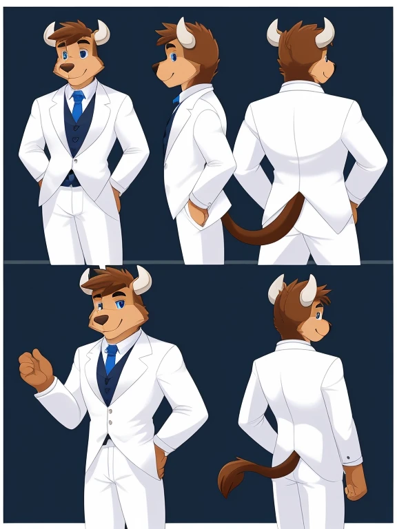 ((masterpiece, best quality)) a cartoon reference sheet picture of a full cute sexy body, anthro brown cow wearing a white tuxedo suit, brown fur, cow nose, male, solo, one character, furry character, furry male. blue eyes, big cow horns, brown fur. fluffy fur, cow tail, handsome face, dark background,