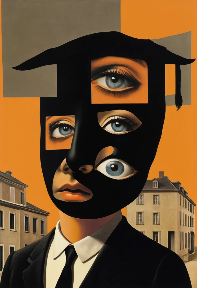 René Magritte，Weird misplaced art：Collage画，There are many different things on the face，house，Geometric Dislocation，Collage,Hollow，Artistic sense，Painting，paint，Simple，Black and Orange