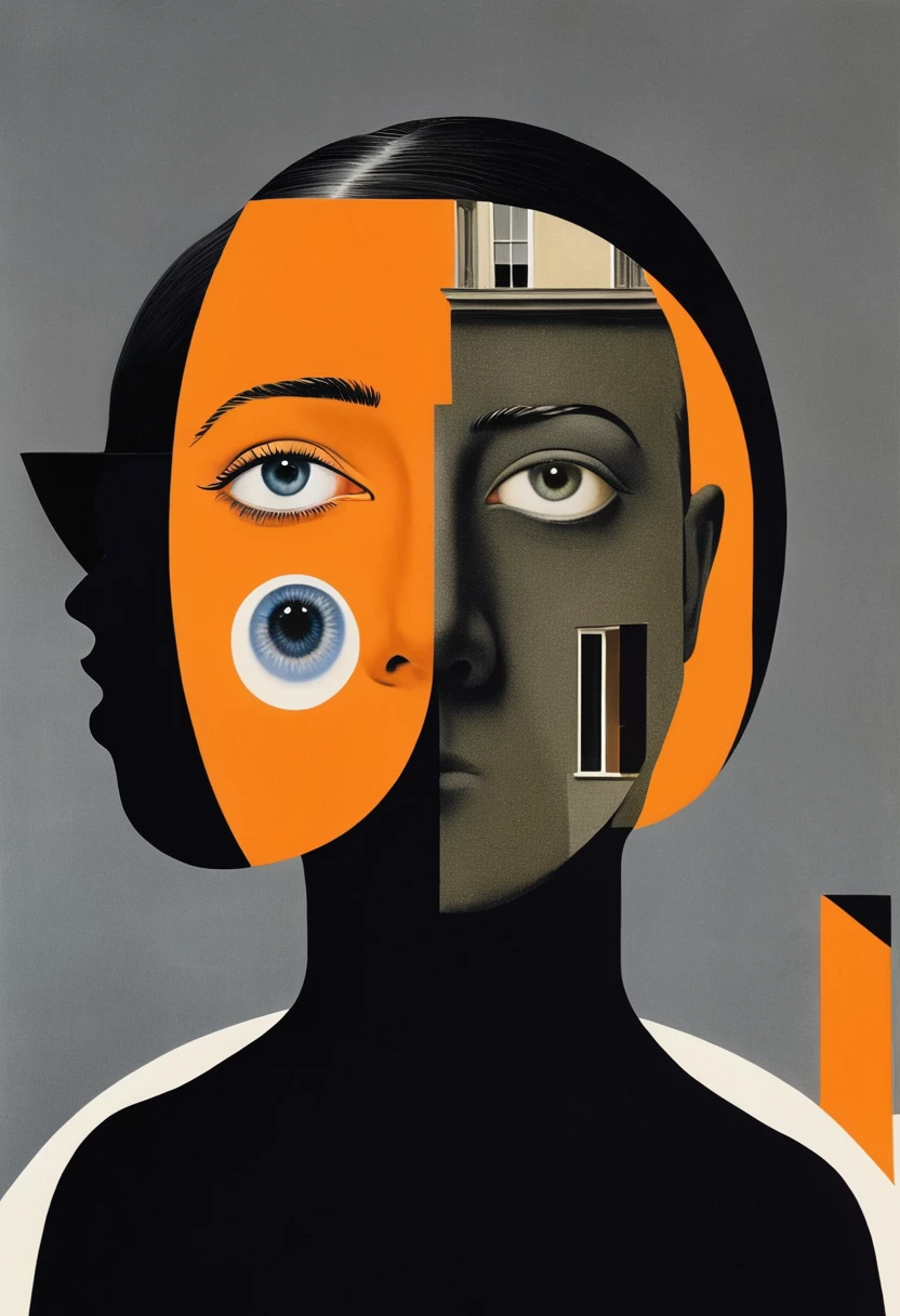 René Magritte，Weird misplaced art：Collage画，There are many different things on the face，house，Geometric Dislocation，Collage,Hollow，Artistic sense，Painting，paint，Simple，Black and Orange