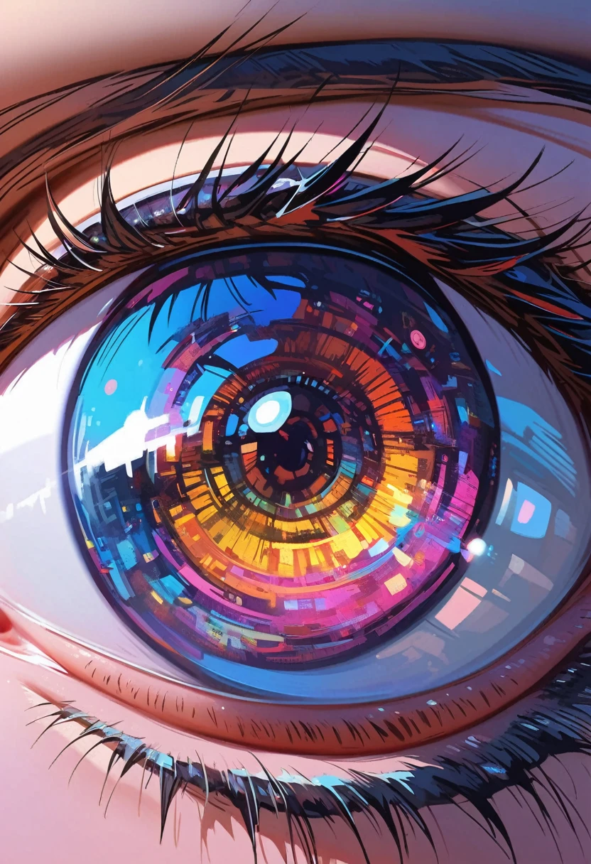  
A laser UFO shot out from the pupil of the eye，refraction，Macro super realism，The retinal structure is clear，Psychedelic rock style
