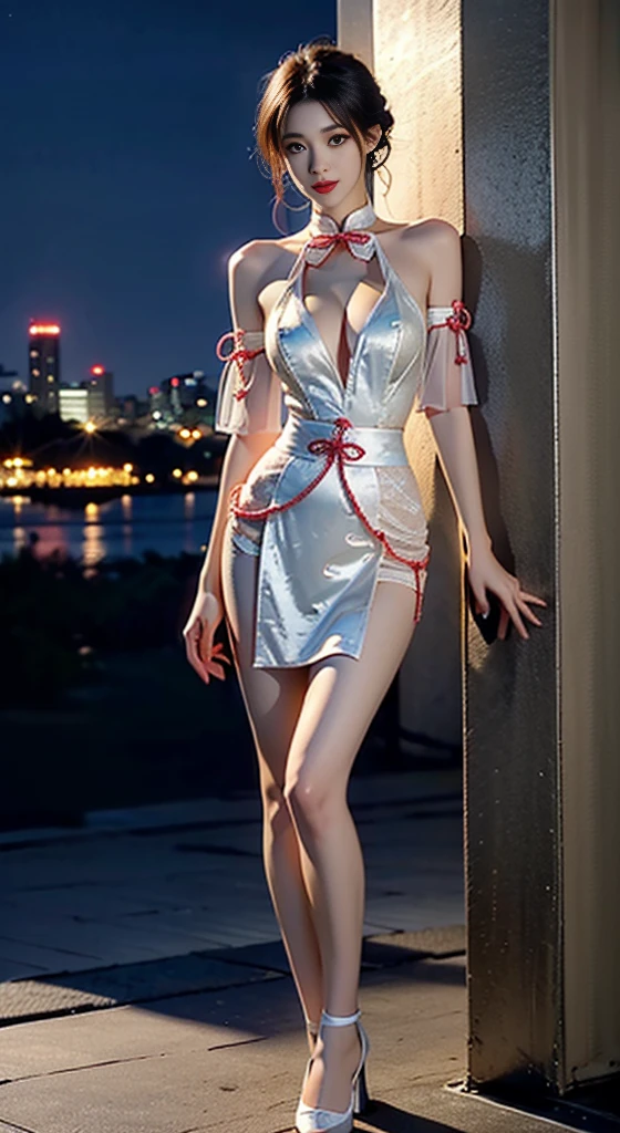 see-through,bare shoulders ((Full breasts)), ((Visible cleavage)), ((The skirt is short)), ((Sexy legs)), ((knee shot)), ((Standing, Elegant posture)), 1girl,独奏, 1girl, Cute Girl, red makeup, Ancient makeup, Beauty, Practical, Fashion Girl, Red lips, Mature women, Exquisite makeup, big eyes, beautiful, (best quality, masterpiece:1.2), Extremely detailed, (Practical:1.37), ((Random Scenes, Random shooting angle)), ((Sexy long legs)), Young and energetic, Charming model, (Exquisite eyes, Delicate lips), Show a bright smile, Create stunning girl images, warm color, Extremely saturated colors, Official Art, Extremely detailed的 CG, Unity 8K wallpaper, (High Dynamic Range :1.4), (Movie atmosphere),(Soft colors), (Natural skin texture, ultra-Practical, Soft Light, sharp),(Very detailed), night, moonlight