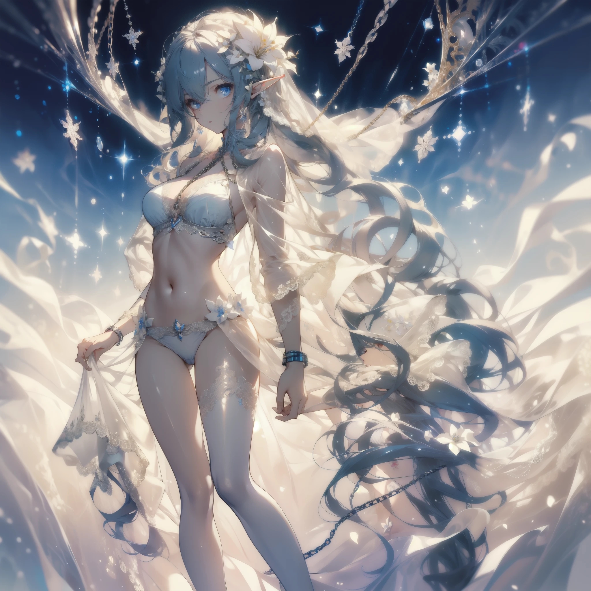 ((masterpiece, best quality)), Delicate face,Elf,Standing picture,whole body,Perfect body proportions,Long legs,Long wavy hair,beautiful eyes,Fantasy style,White background,Extremely beautiful,transparent,Pure white flower marriage,Sexy bikini,chain,Tattoo,Lace,exposed,