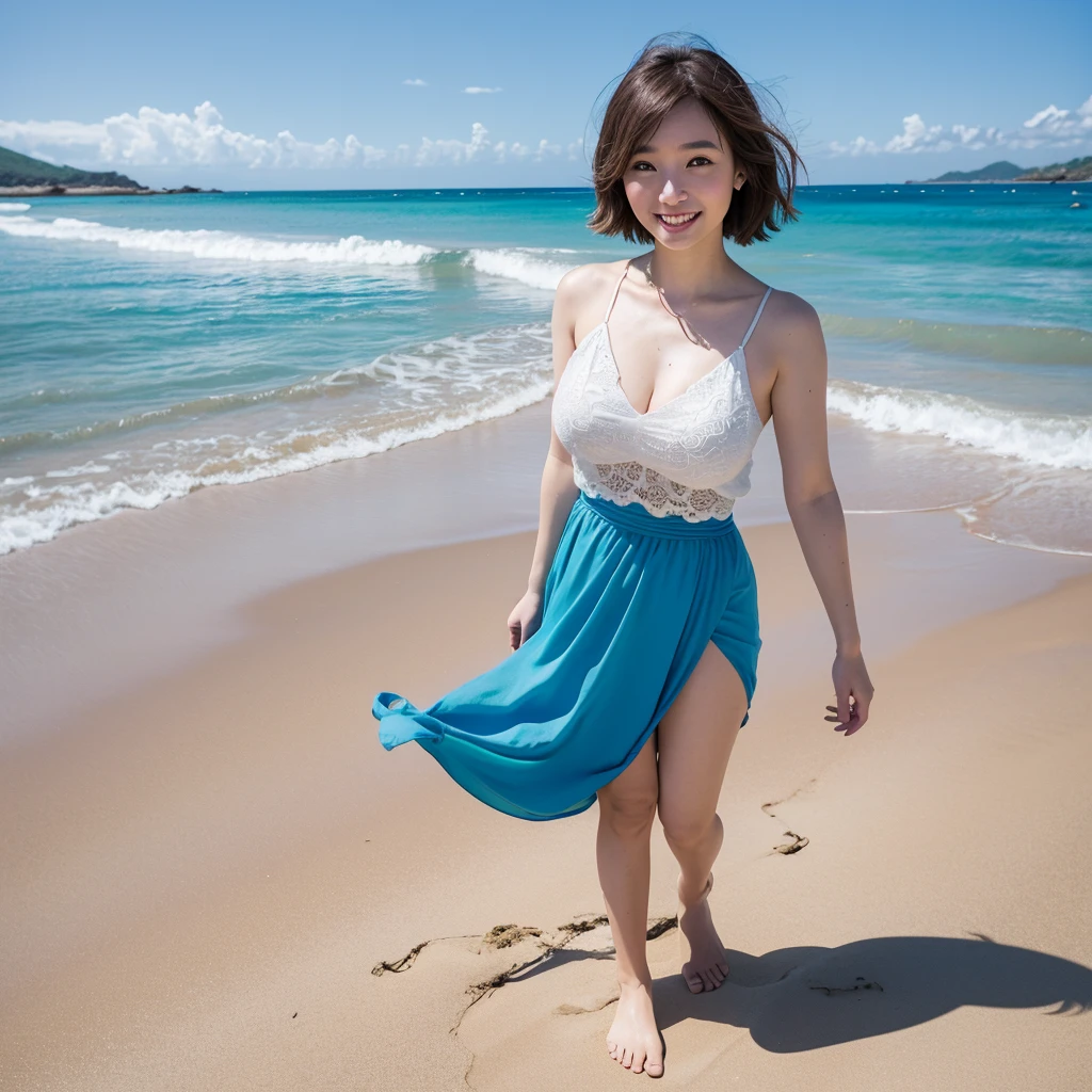 nikon RAW photo,8k,Fujifilm XT3,from below,HDR,masterpiece,best quality,realistic,photorealistic,ultra detailed,extremely detailed face,bookstore,cinematic lighting,gril,1girl,solo,(full body:0.9),(verybig breasts:1.4),earrings,(high heels:1.5),(ulzzang-6500:0.6),(pureerosface_v1:0.6),sea,(beach:1.2),blue frilled dress,windy,(wind lift:1.2),crazy smile,