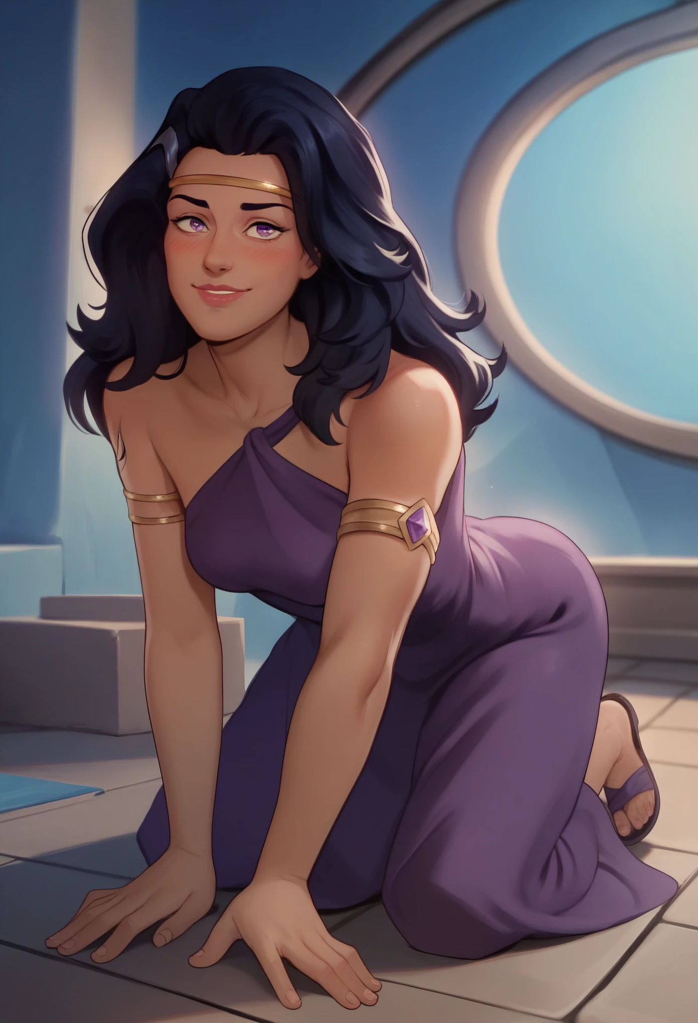 score_9, score_8, score_7, score_8_up, score_7_up, score_6_up, 4k, , source_cartoon, xgaiax, black hair, long hair, purple eyes, lipstick, circlet, purple dress, sandals, upper body, high quality, light smile, on fours, upper body, seductive smile, aroused, medium elbow squeeze, breasts squeezed together, blushing,