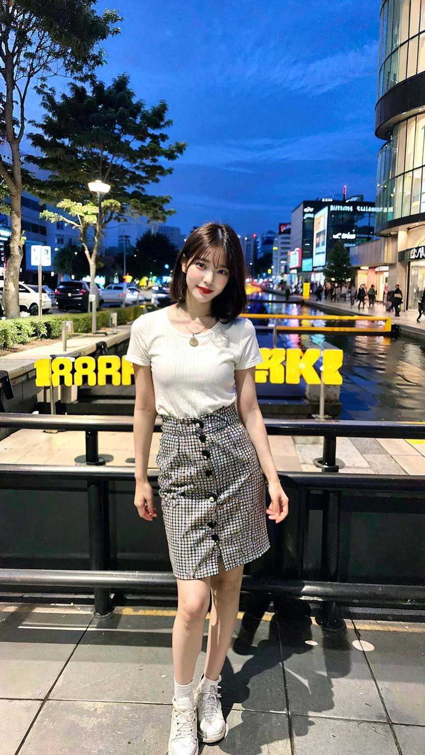 a beautiful japanese woman with very short bob haircut, full body shot, wearing fashionable clothes, necklace, simple background, (best quality,8K,32k,masterpiece:1.2),cinematic aesthetic:1.4,beautiful fashion model photo in bokeh city night,full body shot,Standing figure with feet projected、In stylish summer clothes