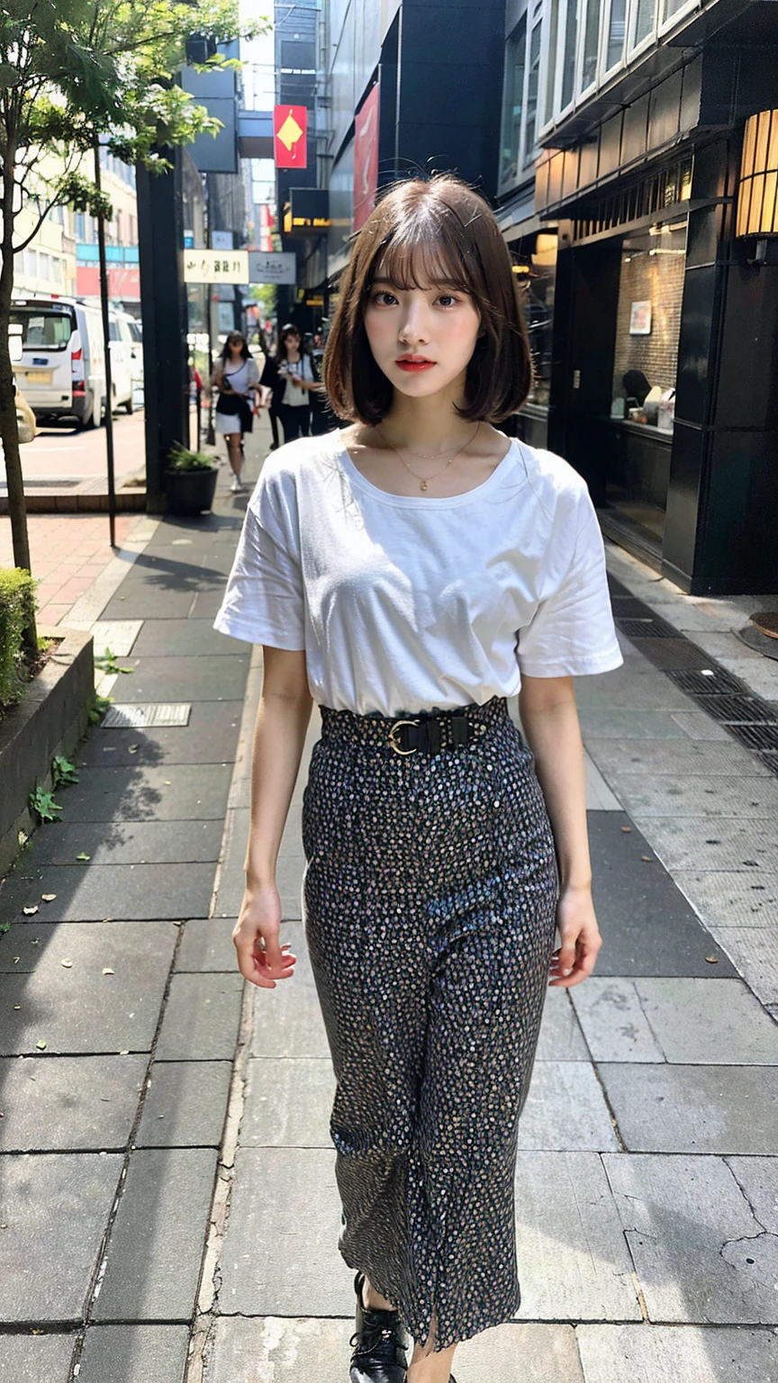 a beautiful japanese woman with very short bob haircut, full body shot, wearing fashionable clothes, necklace, simple background, (best quality,8K,32k,masterpiece:1.2),cinematic aesthetic:1.4,beautiful fashion model photo in bokeh city night,full body shot,Standing figure with feet projected、In stylish summer clothes