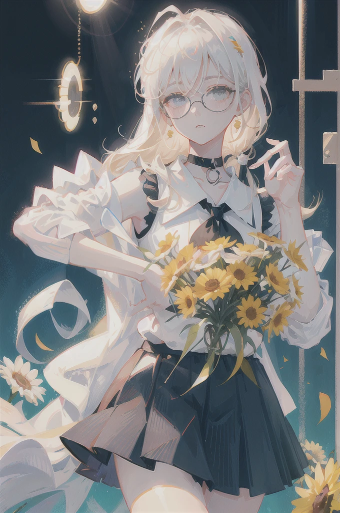 best quality, ultra high res, (photorealistic:1.4), 1woman, sleeveless white button shirt, black skirt, black choker, ((glasses)), (Kpop idol), (aegyo sal:1), (platinum blonde grey hair:1), ((puffy eyes)), looking at viewer, full body, flowers