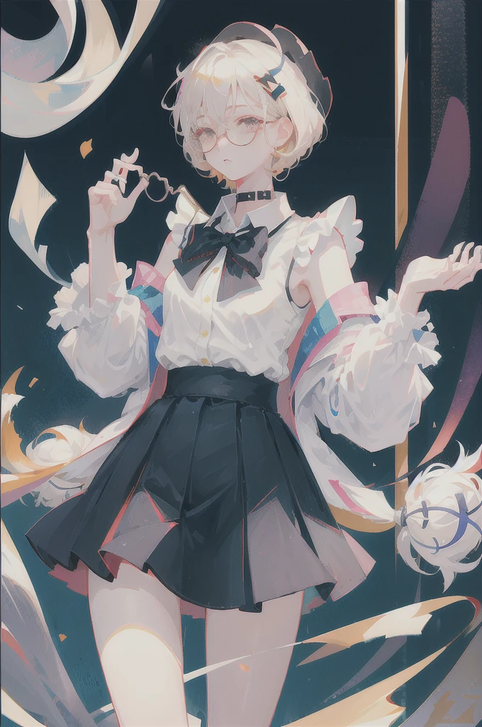 best quality, ultra high res, (photorealistic:1.4), 1woman, sleeveless white button shirt, black skirt, black choker, ((glasses)), (Kpop idol), (aegyo sal:1), (platinum blonde grey hair:1), ((puffy eyes)), looking at viewer, full body, flowers
