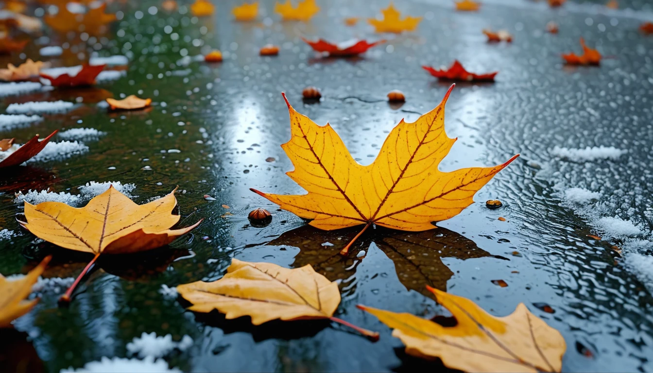 winter leaves, magical round leaves leaves falling, snow is falling thinly,nature documentry footage, youtube video screenshot, today's featured photography 4k, autumn rain turkel, nature photography 4k, november, cinematic widescreen shot, leaves and magic, high quality screenshot, 2 0 2 1 cinematic 4 k framegrab, wide screenshot