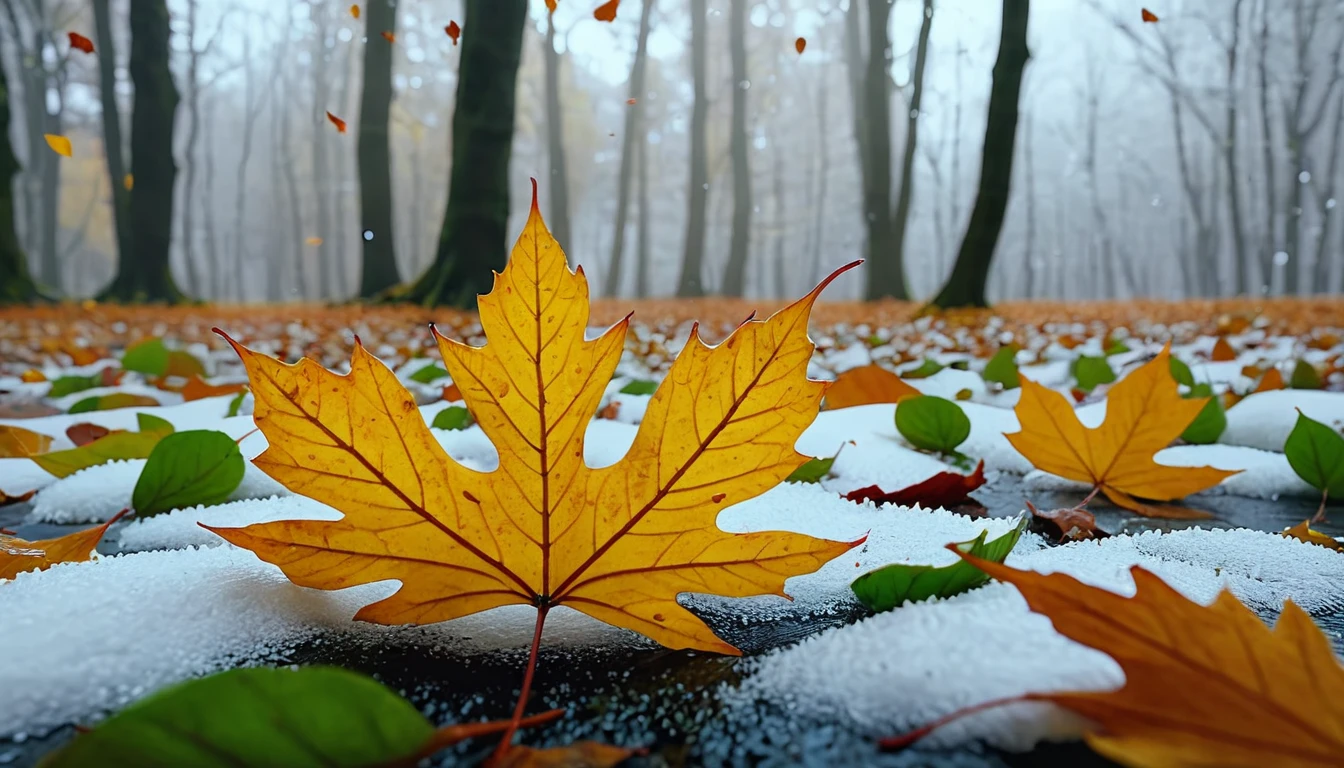 winter leaves, magical round leaves leaves falling, snow is falling thinly,nature documentry footage, youtube video screenshot, today's featured photography 4k, autumn rain turkel, nature photography 4k, november, cinematic widescreen shot, leaves and magic, high quality screenshot, 2 0 2 1 cinematic 4 k framegrab, wide screenshot