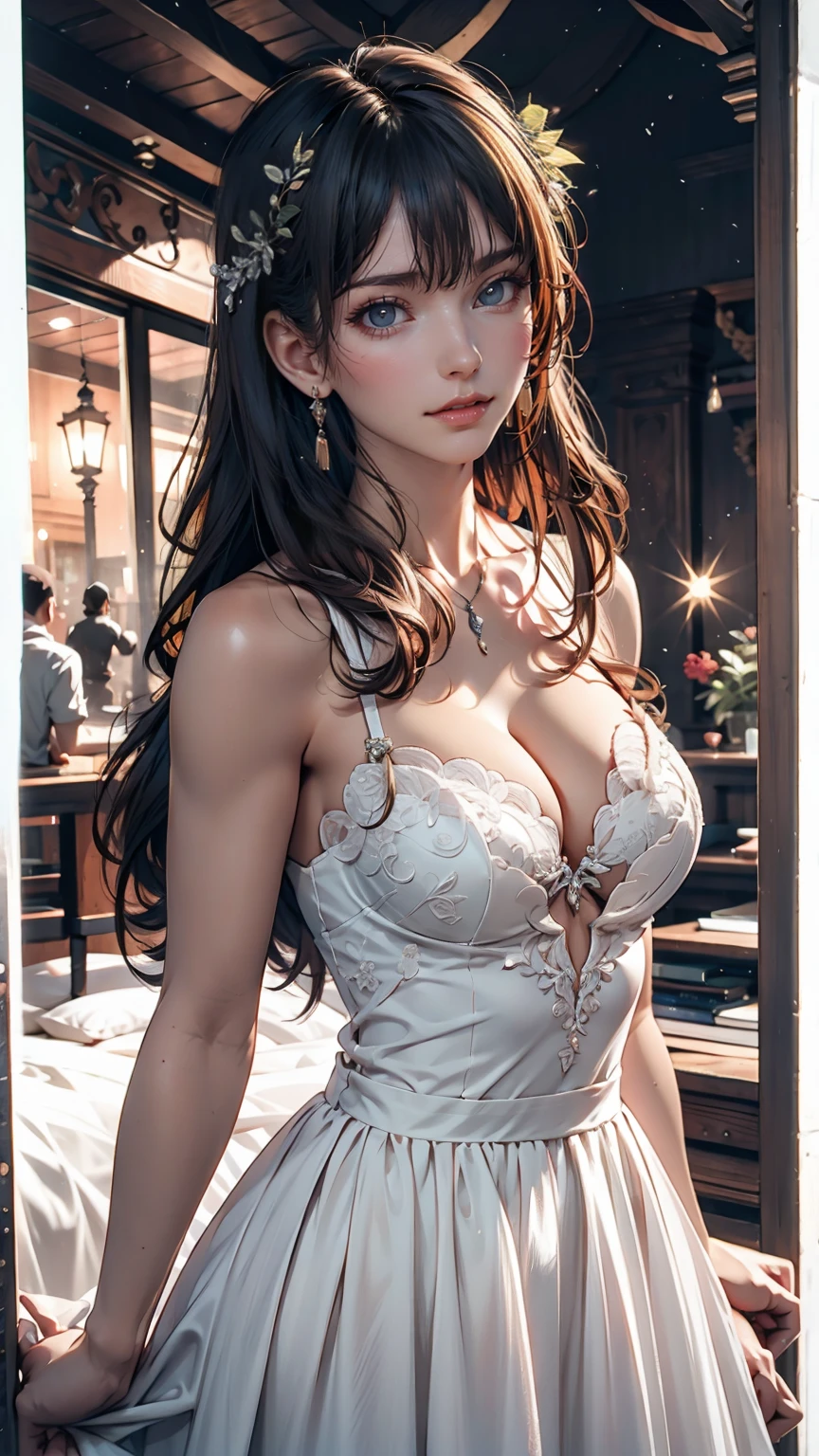 (Highest quality, High resolution, masterpiece:1.2,), figure, night, One girl, whole body, (Wedding dress), Put your arms behind your back, Wait for a kiss, View your viewers, Happy, blush,