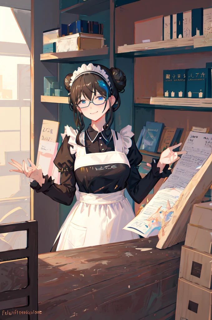 sagisawa fumika, One girl, Glasses, Maid, alone, Bookshelf, blue eyes, Black Hair, Alternative costume, Maid headdress, apron, enMaided, smile, Juliet Sleeve, dress, Long sleeve, Puff sleeves, Glassesをかけた, View your viewers, Book, Maid apron, single Hair Bun, chest, library, white apron, Hair Bun, indoor, blush, brooch, Frills, black dress, official Alternative costume, large chest, Long Hair, Side Lock, 丸いGlasses