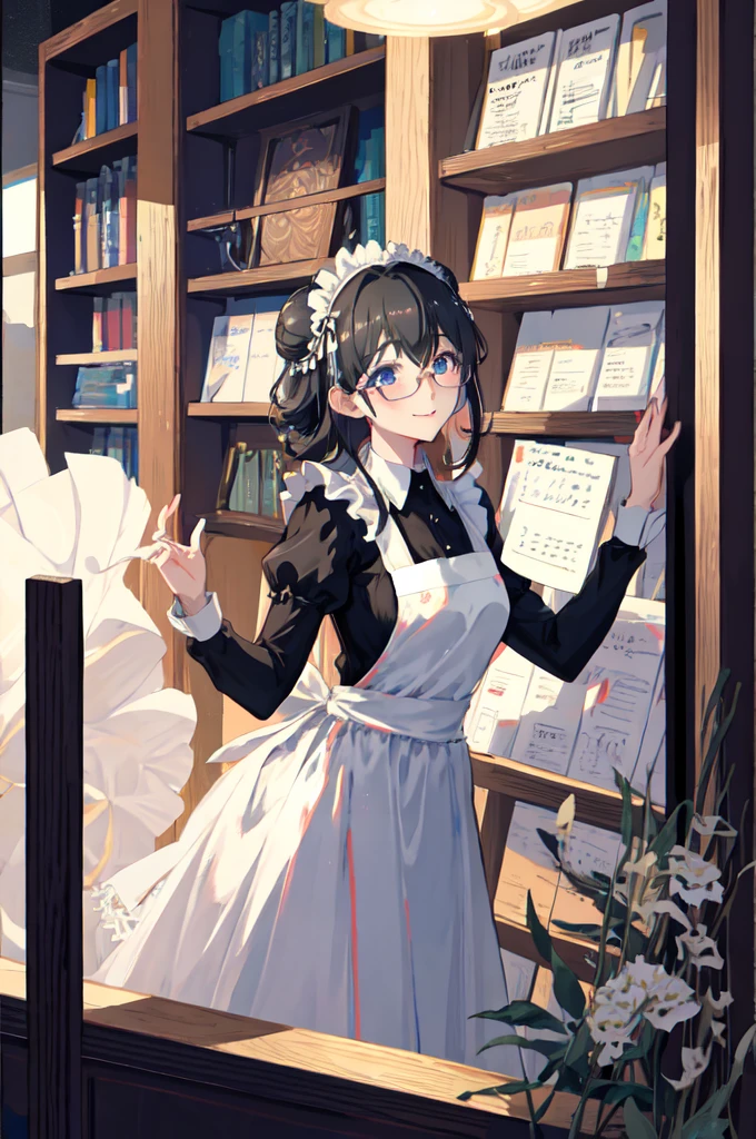 sagisawa fumika, One girl, Glasses, Maid, alone, Bookshelf, blue eyes, Black Hair, Alternative costume, Maid headdress, apron, enMaided, smile, Juliet Sleeve, dress, Long sleeve, Puff sleeves, Glassesをかけた, View your viewers, Book, Maid apron, single Hair Bun, chest, library, white apron, Hair Bun, indoor, blush, brooch, Frills, black dress, official Alternative costume, large chest, Long Hair, Side Lock, 丸いGlasses