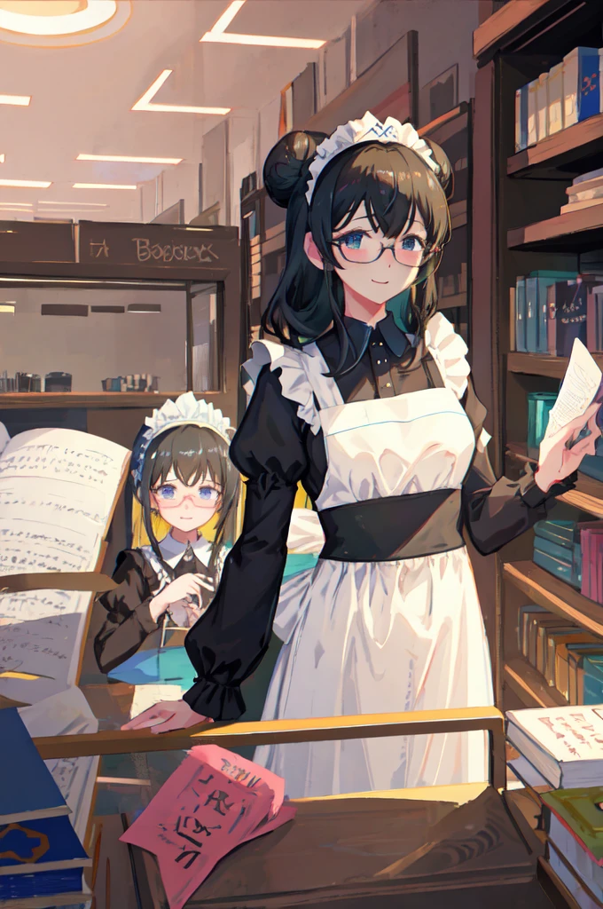 sagisawa fumika, One girl, Glasses, Maid, alone, Bookshelf, blue eyes, Black Hair, Alternative costume, Maid headdress, apron, enMaided, smile, Juliet Sleeve, dress, Long sleeve, Puff sleeves, Glassesをかけた, View your viewers, Book, Maid apron, single Hair Bun, chest, library, white apron, Hair Bun, indoor, blush, brooch, Frills, black dress, official Alternative costume, large chest, Long Hair, Side Lock, 丸いGlasses