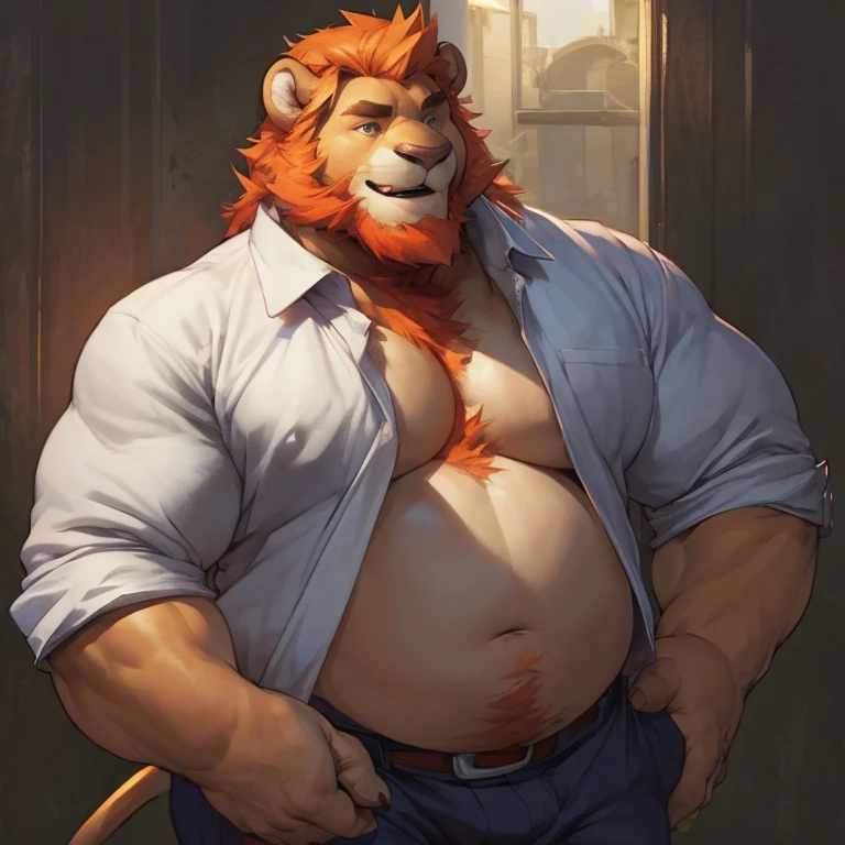 Semi-Muscular and chubby , male middle aged, anthro lion, thin beard, flirting, dynamic light, opened Shirt, thick shirt ,Orange hair and beard, extremely hot and sexy, Daddy figure, hot daddy, boss, by darkgem, by zixiong, by glitter trap boy