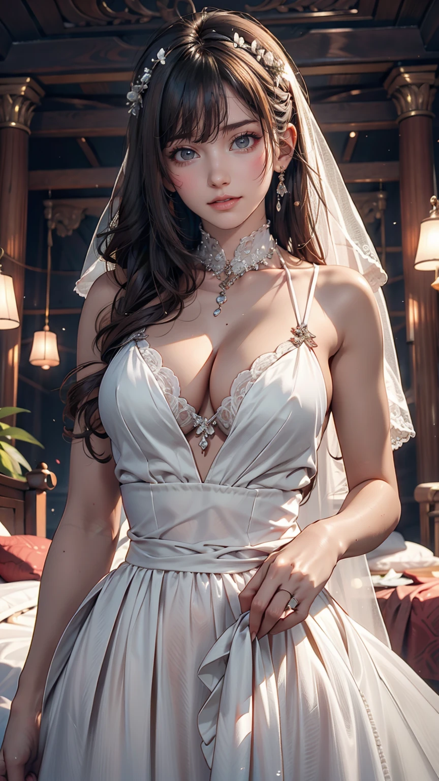 (Highest quality, High resolution, masterpiece:1.2,), figure, night, One girl, whole body, (Wedding dress), Put your arms behind your back, Wait for a kiss, View your viewers, Happy, blush,