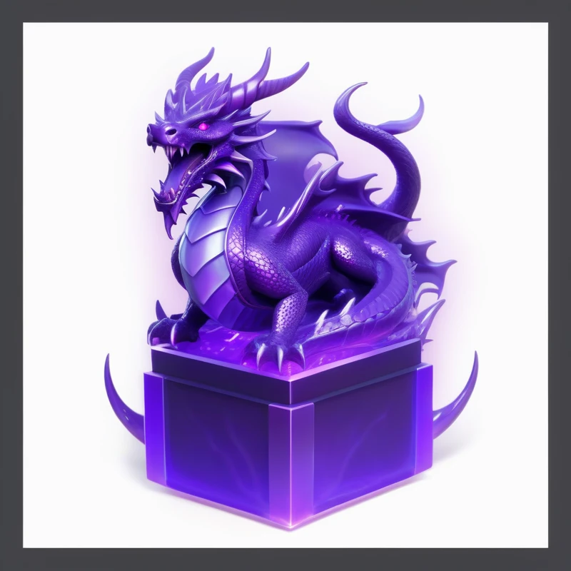 Purple dragon statue on white background with purple background, Magic Items, Mysterious art style, in mysterious style, Purple Antler God, Purple flames surrounding the magic arena, Purple glowing core in the armor, Concept Art Magic Highlights, Made of liquid purple metal, Rendering Art, 3d icons for mobile games, Crystal Dragon, Soft image shadows