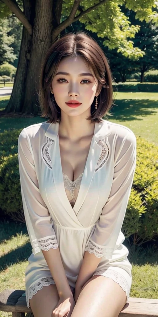sunny day, graceful photo of a girl in a Blazer Dress, (puffy eyes:1.05), (white lace shirt), platinum brown hair, (angled bob:1.4), flat bangs, (flowing hair), smile slightly, happy, happiness, high detailed skin, skin pores, stunning innocent symmetry face, long eyelashes, black eyeliner, light golden eyeshadow,(sitting down on the banch), crossed_legs, emotional, wind, park, trees, grass, masterpiece, best quality, photorealistic,