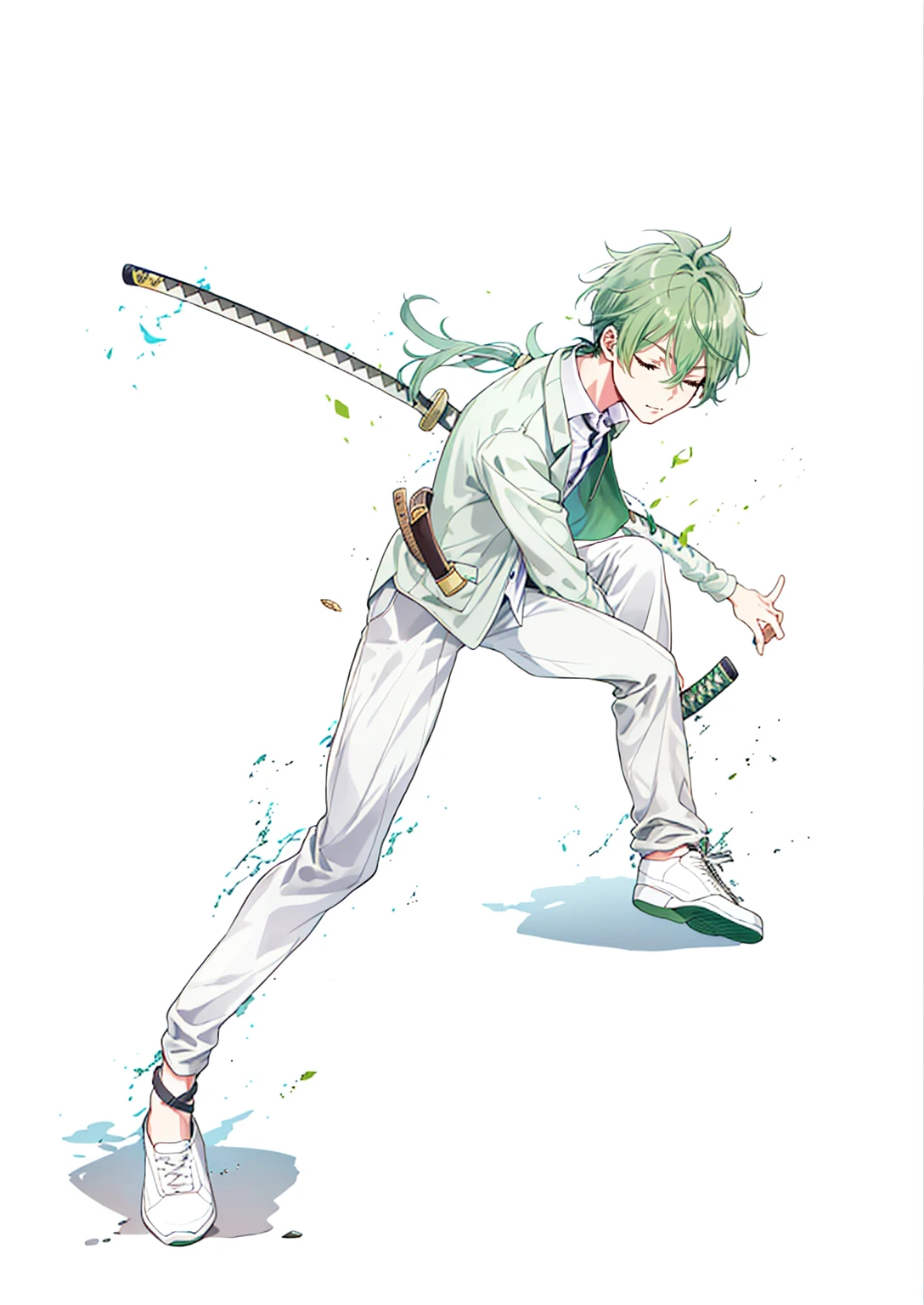 1 boy, 27 years old, full body, hair between eyes, dark green hair, Lower ponytail, collared shirt, slacks, safari jacket, closed eyes, katana, iai,