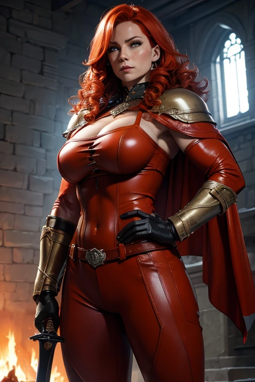 Tall beautiful woman with red hair and yellow eyes、Extremely realistic and detailed suit costume