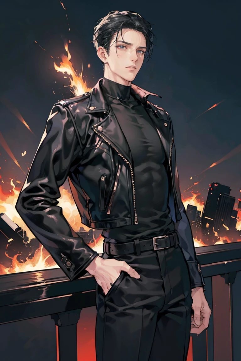 anime - (masterpiece), best quality, seductive eyes, mature face, black eyes, short slicked back black haircut, plain black t shirt, black leather jacket, black pants, tall man, long legs, masculine, broad shoulders, adult-like, full body, hands on hips, bad boy, the background is a burning and exploding city
