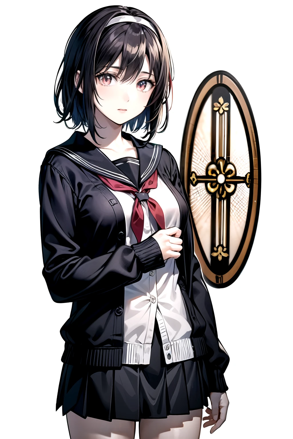 ((Masterpiece)),((High quality)),((High resolution)),((Extremely accurate and detailed representation of the human body)), An 18-year-old girl. Japanese. Wears a sailor uniform with a cardigan casually draped over it. Short hair. Hairband. Has a mysterious and enigmatic aura.